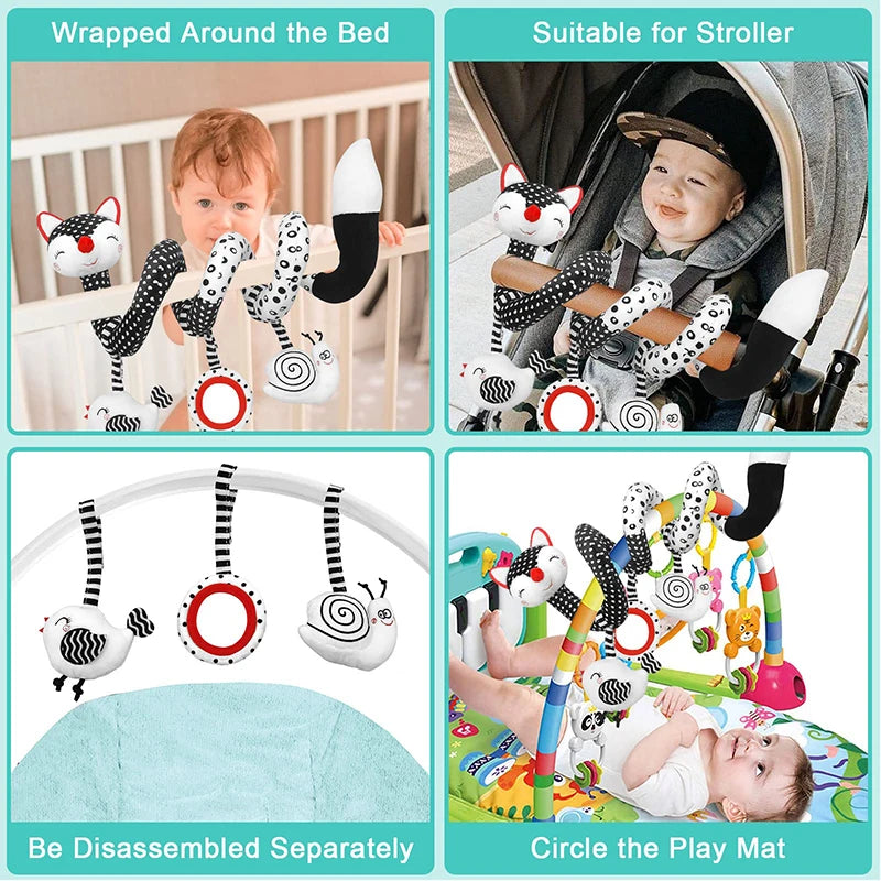 Baby Spiral Plush Toys Black White Stroller Stretch Spiral Activity Car Seat Hanging Rattle Toys Crib Mobile Sensory for Newborn